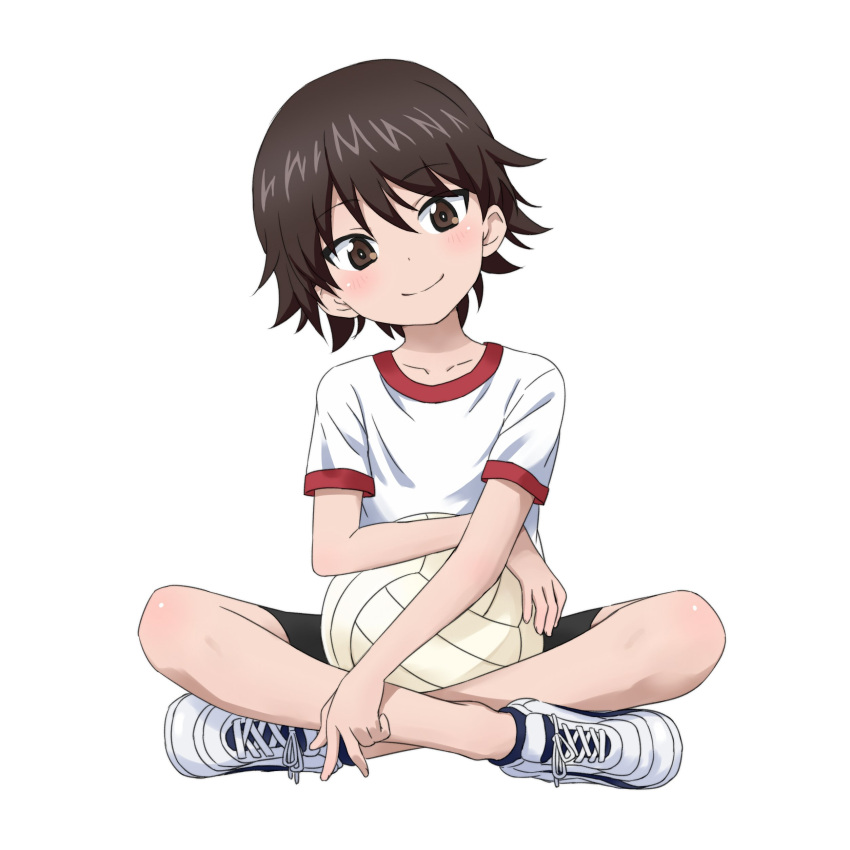 1girl absurdres bike_shorts black_shorts brown_eyes brown_hair commentary_request girls_und_panzer gym_shirt gym_uniform highres isobe_noriko laika_(sputnik2nd) shirt shoes short_hair short_sleeves shorts sneakers solo t-shirt volleyball white_background white_shirt