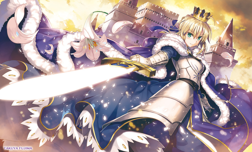 1girl ahoge armor armored_dress artist_name blonde_hair blue_dress blush braid castle closed_mouth clouds cloudy_sky coat commentary_request crown dress excalibur eyebrows_visible_through_hair fate/stay_night fate_(series) faulds flower french_braid fujima_takuya fur-trimmed_coat fur_trim gauntlets glint glowing glowing_sword glowing_weapon green_eyes hair_ribbon holding holding_sword holding_weapon light_particles lily_(flower) looking_at_viewer petals ribbon saber short_hair sky solo sword weapon