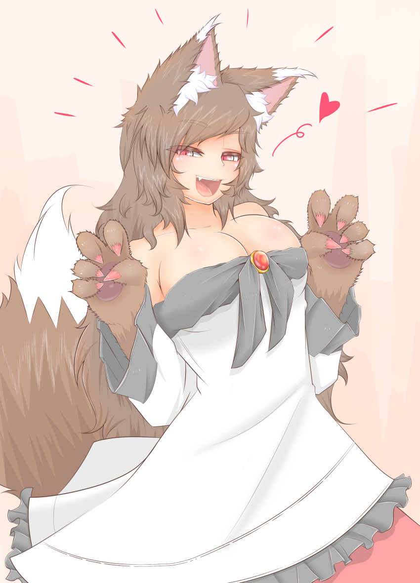 1girl :d absurdres animal_ears bare_shoulders blush breasts brooch brown_hair claws cleavage cowboy_shot cube85 dress fang fur heart highres imaizumi_kagerou jewelry large_breasts long_hair long_sleeves looking_at_viewer monster_girl off-shoulder_dress off_shoulder open_mouth red_eyes smile solo touhou werewolf white_dress wide_sleeves wolf_ears