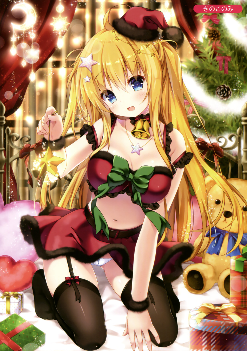 1girl :d absurdres ahoge arm_support arm_up bangs bare_arms bare_shoulders bed bedroom bell bell_choker belt black_belt black_legwear blonde_hair blue_bow blue_eyes blurry blush bokeh bow bow_panties breasts character_request choker christmas christmas_ornaments christmas_tree circle_name cleavage collarbone copyright_request crop_top curtains depth_of_field dot_nose eyebrows_visible_through_hair eyelashes eyes_visible_through_hair frilled_choker frilled_sleeves frills full_body fur-trimmed_hat fur-trimmed_skirt fur_trim garter_straps gift glowing gluteal_fold green_bow hair_between_eyes hair_ornament hair_over_shoulder happy hat head_tilt headboard heart heart_pillow highres holding indoors jewelry kino_(kino_konomi) kino_konomi kneeling large_breasts long_hair looking_at_viewer midriff mini_hat mini_santa_hat miniskirt navel necklace no_shoes off_shoulder on_bed open_mouth panties pantyshot pantyshot_(kneeling) pillow pinecone pom_pom_(clothes) raised_eyebrows red_bow santa_costume santa_hat sidelocks skirt skirt_lift smile solo sparkle star star_hair_ornament star_necklace stomach stuffed_animal stuffed_toy teddy_bear text thigh-highs translated underwear unmoving_pattern upskirt very_long_hair white_bow white_panties window wrist_cuffs