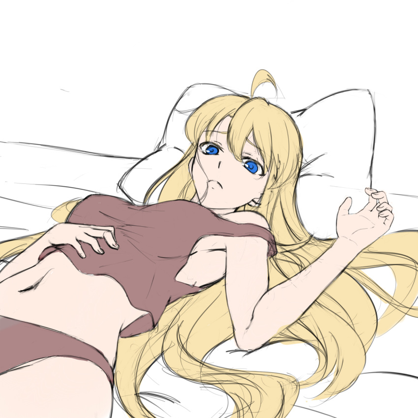1girl ahoge blonde_hair blue_eyes camisole flat_color hair_in_mouth hand_on_own_stomach highres looking_at_viewer lying original sketch solo sorakujira_(pixiv) underwear