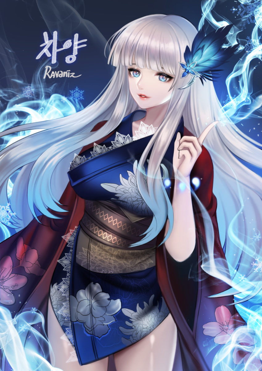 1girl artist_name bangs blade_&amp;_soul blue_eyes breasts character_request feathers hair_feathers highres index_finger_raised japanese_clothes kimono large_breasts long_hair magic parted_lips ravaniz short_kimono silver_hair smile smoke snowflakes solo very_long_hair wide_sleeves
