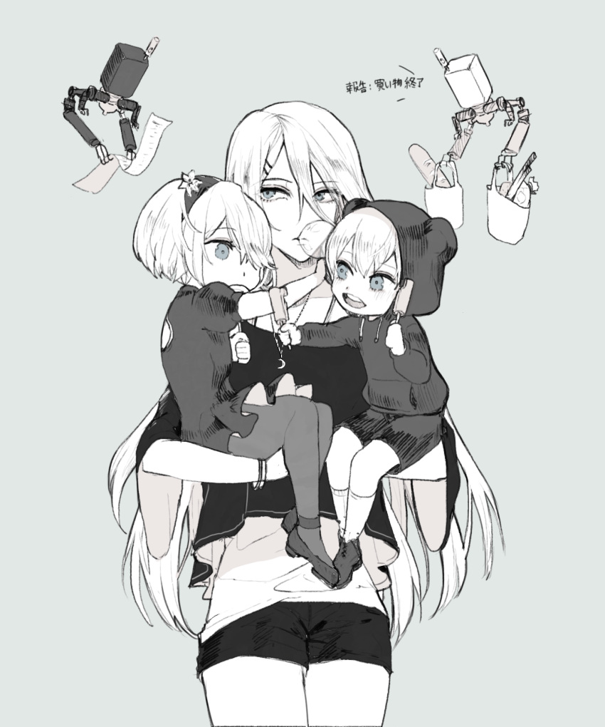 1boy 2girls blue_eyes carrying chewing_gum dress food hair_ornament headband highres hood long_hair mole mole_under_mouth multiple_girls nier_(series) nier_automata open_mouth pod_(nier_automata) popsicle pullssack robot short_hair simple_background smile white_hair yorha_no._2_type_b yorha_no._9_type_s yorha_type_a_no._2 younger