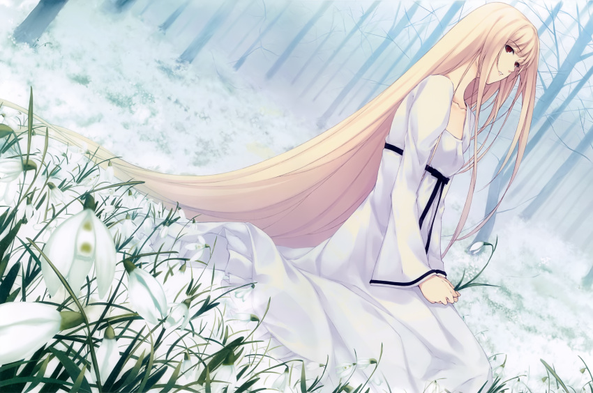 1girl absurdly_long_hair absurdres blonde_hair caucasus dress flower forest highres holding holding_flower long_hair looking_at_viewer nanatsuki_shion nature outdoors red_eyes sitting snowdrop_(flower) solo sugina_miki tree very_long_hair white_dress