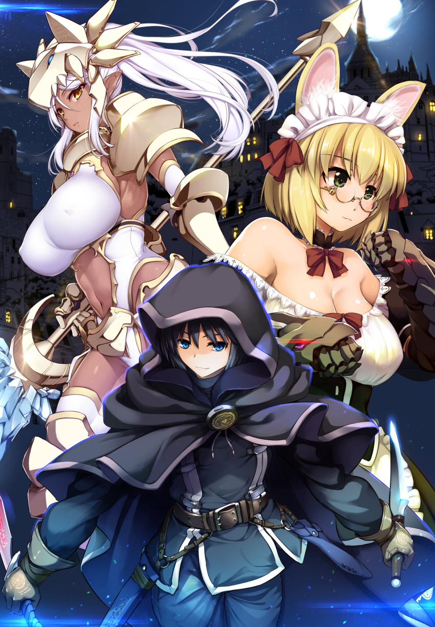 1boy 2girls :3 absurdres animal_ears bangs bare_shoulders belt black_hair black_pants black_shirt blonde_hair blue_eyes boots bow bowtie breasts brown_gloves cape castle cat_ears choker clenched_hands cloak closed_mouth clouds collarbone commentary_request cover cover_page cowboy_shot cowter dagger dark_elf dark_skin dual_wielding elbow_gloves elf erect_nipples frilled_choker frills full_moon gauntlets glasses gloves gorget greaves green_eyes helmet highres holding holding_weapon hood large_breasts lavender_hair long_hair looking_at_viewer maid_headdress moon moonlight multiple_girls navel night no_bra off-shoulder_shirt original ouma_tokiichi pants parted_lips pauldrons pointy_ears polearm ponytail red_bow red_bowtie scabbard sheath shirt short_hair sky spear star_(sky) starry_sky stomach thigh-highs thigh_boots thighhighs_under_boots underbust weapon white_gloves white_hair white_legwear yellow_eyes zettai_ryouiki