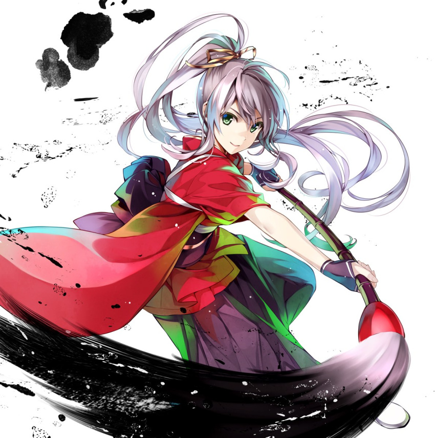 &gt;:) 1girl ahoge album_cover bangs black_bow black_gloves bow brown_ribbon calligraphy_brush closed_mouth cover diverse_system fingerless_gloves gloves gradient_hair green_eyes green_hair hair_ribbon hakama holding ink japanese_clothes kimono long_hair looking_at_viewer misaki_kurehito multicolored_hair oversized_object paintbrush ponytail red_kimono ribbon sash short_sleeves silver_hair simple_background smile very_long_hair white_background