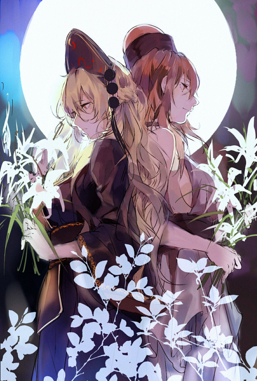 2girls alternate_costume back-to-back backlighting bangs black_dress blonde_hair bouquet braid breasts chinese_clothes commentary_request dress expressionless flower french_braid full_moon hair_between_eyes hecatia_lapislazuli highres holding holding_flower junko_(touhou) kagari6496 lily_(flower) long_hair long_sleeves looking_afar looking_down moon moonlight multiple_girls night night_sky obi polos_crown red_eyes redhead sad sash short_hair sidelocks sky tabard tassel touhou upper_body very_long_hair white_dress wide_sleeves