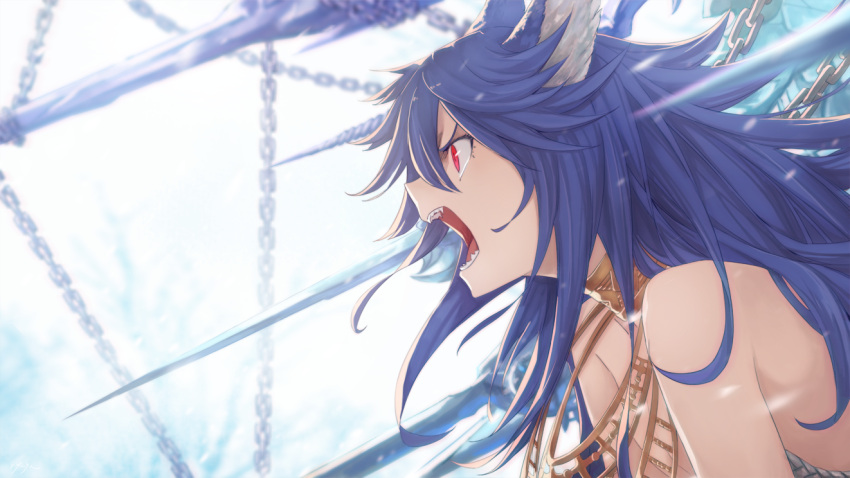 1girl angry animal_ears bangs bare_shoulders blue_hair blurry chained chains collar depth_of_field erun_(granblue_fantasy) fenrir_(shingeki_no_bahamut) flat_chest from_side granblue_fantasy hair_between_eyes jewelry long_hair looking_away motion_blur necklace open_mouth red_eyes ryuga_(balius) sharp_teeth shingeki_no_bahamut shouting slit_pupils solo spikes spiky_hair teeth upper_body white_background wolf_ears