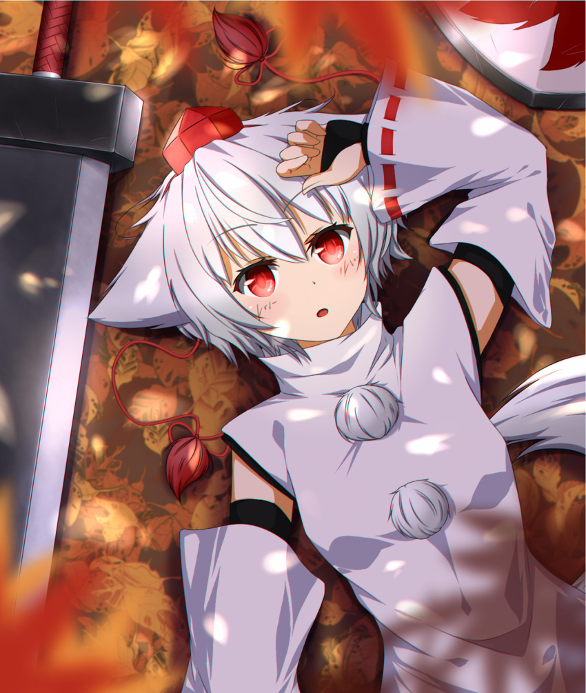 1girl animal_ears bare_shoulders detached_sleeves hat highres inubashiri_momiji leaf looking_at_viewer lying maple_leaf on_back open_mouth pom_pom_(clothes) red_eyes sasa_(weldan6) shield short_hair silver_hair solo sword tail tokin_hat touhou weapon wolf_ears wolf_tail