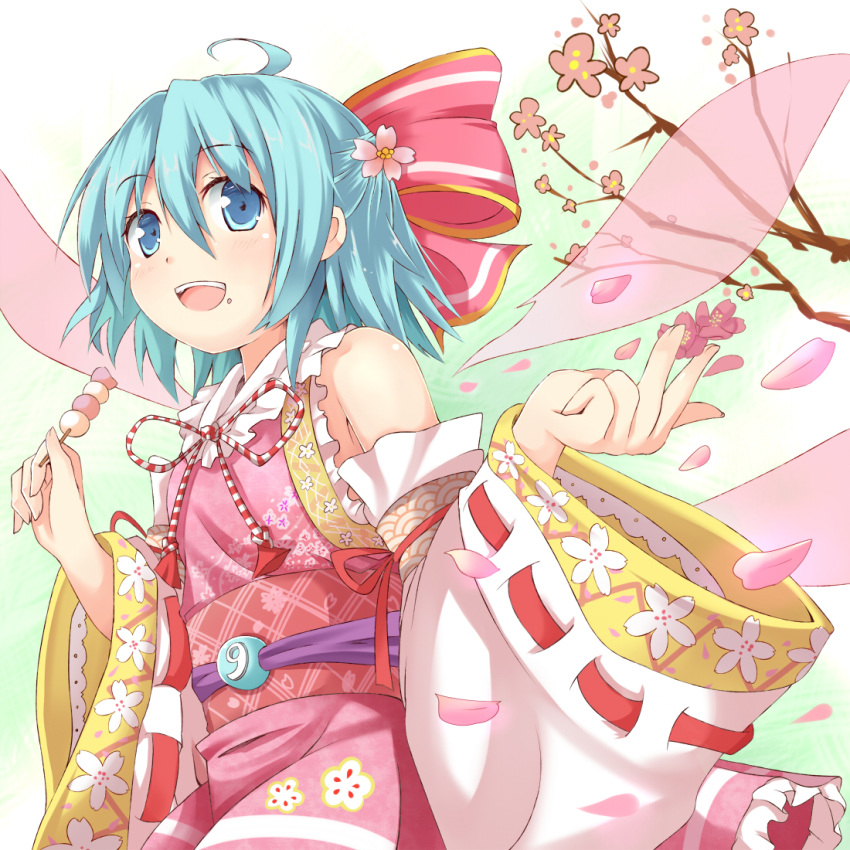 (9) 1girl :d ahoge alternate_element alternate_wings blue_eyes blue_hair blush bow cherry_blossoms cirno dango detached_sleeves efe face flower food food_on_face hair_bow hair_flower hair_ornament japanese_clothes open_mouth revision seigaiha short_hair smile solo touhou wagashi wings