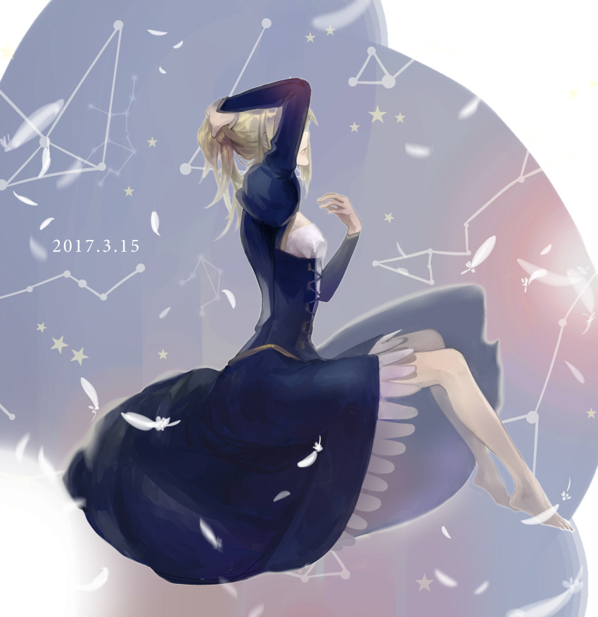 1girl 2017 absurdres adjusting_hair barefoot blonde_hair constellation dated fate/stay_night fate_(series) highres juliet_sleeves long_sleeves puffy_sleeves saber sketch solo xxx_sherry