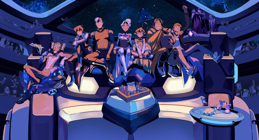 3d_glasses coran_(voltron) drinking_cup drinking_straw facial_hair food glasses highres hunk_(voltron) hyakujuu-ou_golion keith_(voltron) lance_(voltron) lychi mustache official_art pidge_gunderson pizza popcorn princess_allura sitting smile takashi_shirogane theater voltron:_legendary_defender