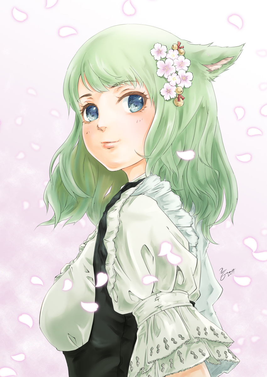1girl animal_ears bell blue_eyes cat_ears cherry_blossoms eyelashes final_fantasy final_fantasy_xiv flower green_hair hair_flower hair_ornament highres jingle_bell lips looking_to_the_side miqo'te morere petals puffy_short_sleeves puffy_sleeves short_sleeves signature simple_background sketch solo underbust upper_body white_background