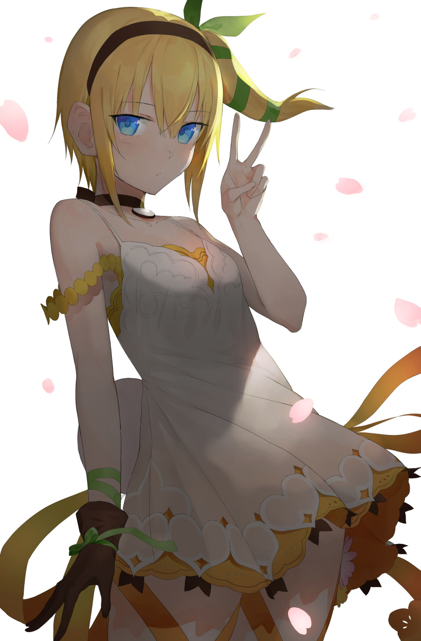 1girl absurdres akitaka_akita black_hairband blonde_hair blue_eyes brown_gloves cherry_blossoms cowboy_shot dress edna_(tales) eyebrows_visible_through_hair floating_hair gloves green_ribbon hair_between_eyes hair_ribbon hairband highres official_art ribbon short_hair_with_long_locks short_sleeves side_ponytail simple_background solo sundress tales_of_(series) tales_of_zestiria v white_background white_dress wrist_ribbon