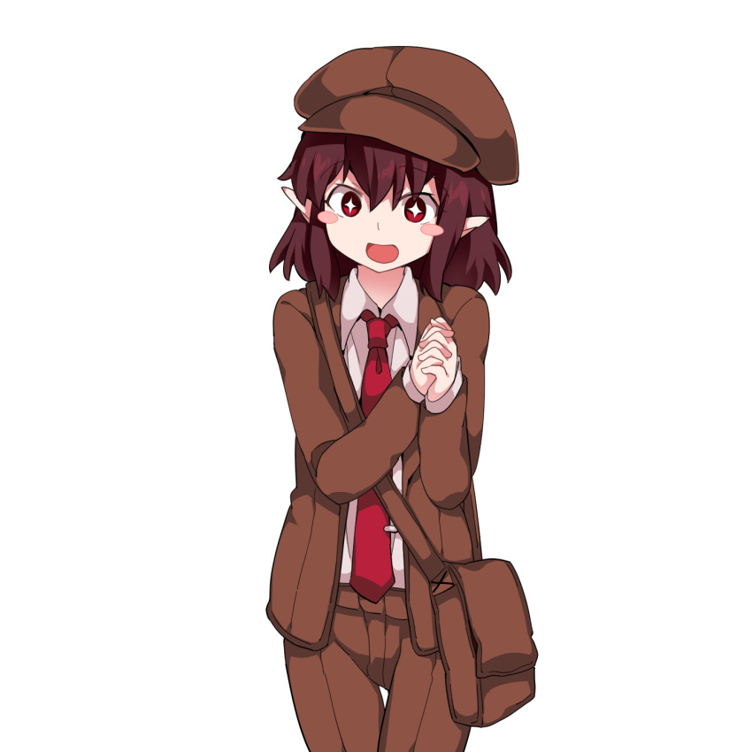 +_+ 1girl :d bag blazer blush_stickers brown_blazer brown_hair brown_hat brown_shorts cabbie_hat collared_shirt flat_chest forbidden_scrollery hammer_(sunset_beach) hands_clasped hat highres jacket necktie no_wings open_mouth pointy_ears red_eyes shameimaru_aya shirt short_hair shorts shoulder_bag smile solo tie_clip touhou