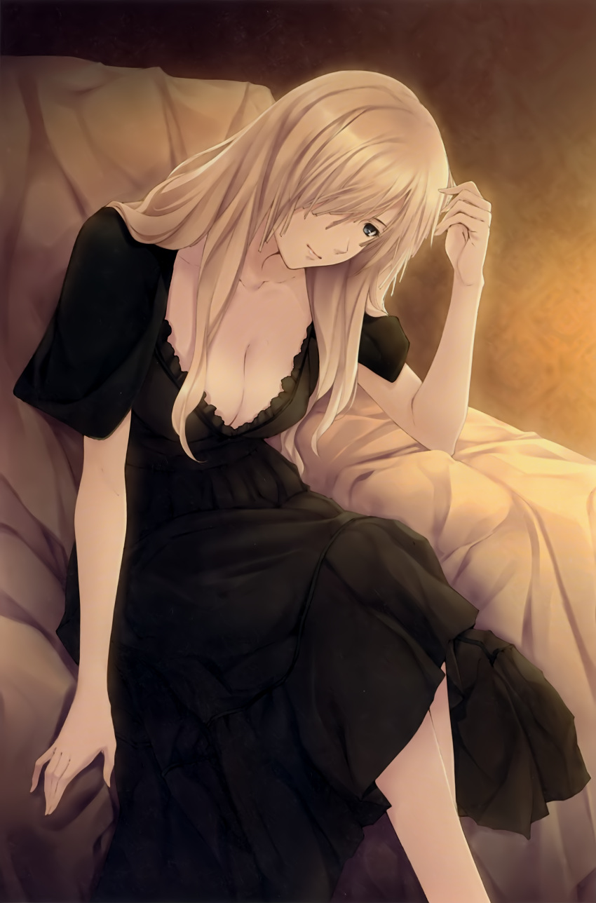 1girl absurdres black_dress blonde_hair breasts cleavage dress frills grey_eyes hair_over_one_eye highres large_breasts lips long_hair pp:_pianissimo sitting solo souma_aoi sugina_miki