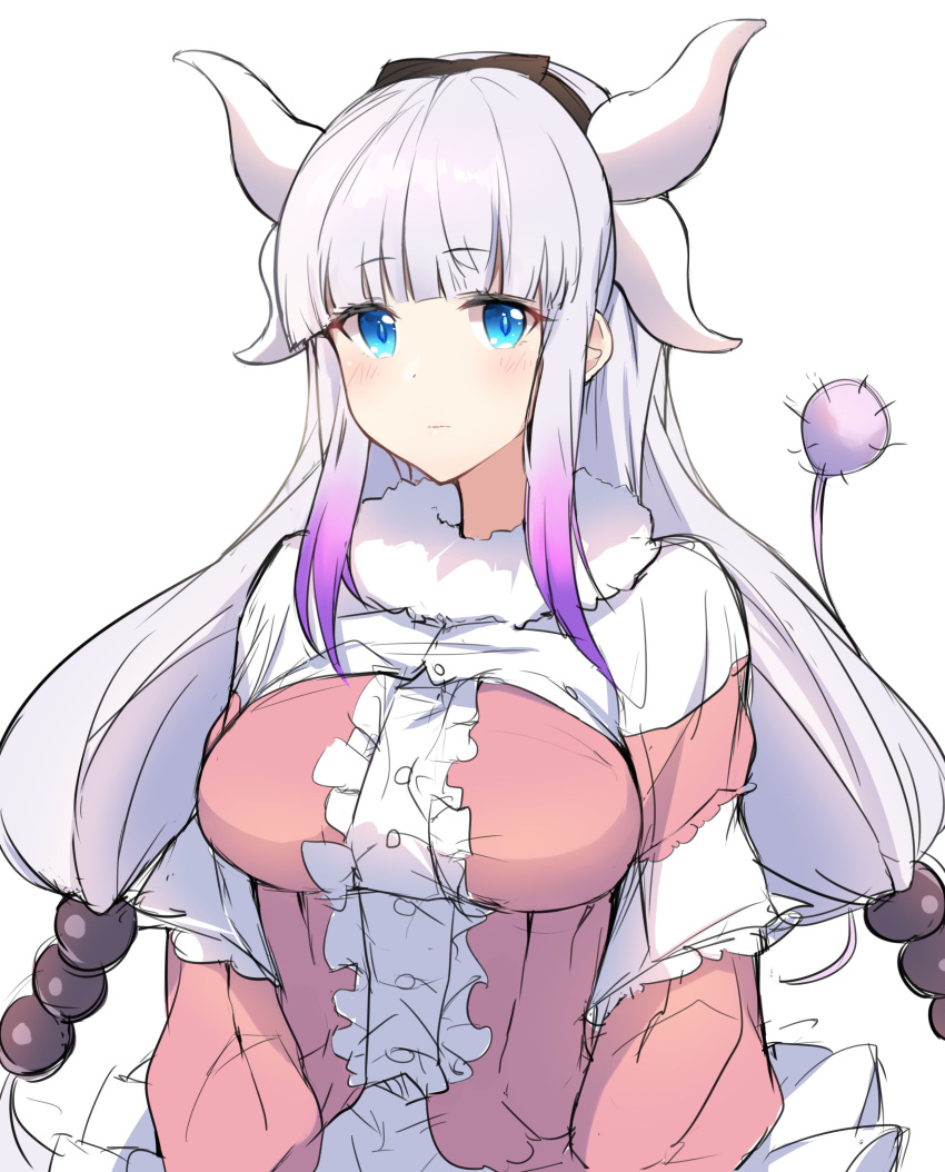 1girl 28aarts absurdres bangs beads black_hairband blouse blue_eyes blunt_bangs breasts buttons capelet dragon_horns expressionless eyebrows_visible_through_hair frilled_blouse fur_collar gradient_hair hair_beads hair_ornament hairband highres horns kanna_kamui kobayashi-san_chi_no_maidragon large_breasts lavender_hair long_hair looking_at_viewer multicolored_hair pink_blouse purple_hair simple_background sketch solo tail upper_body white_background