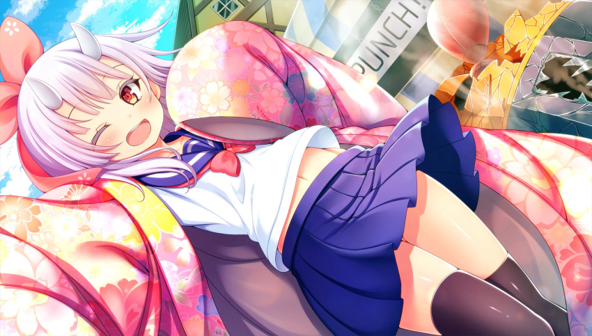 1girl ;d black_legwear blue_sky bow clouds cracked day dutch_angle floral_print hair_bow highres looking_at_viewer navel nekone_nen official_art one_eye_closed oni_horns open_mouth outdoors purple_hair red_bow red_eyes robe school_uniform serafuku short_hair sky smile standing thigh-highs x-overd
