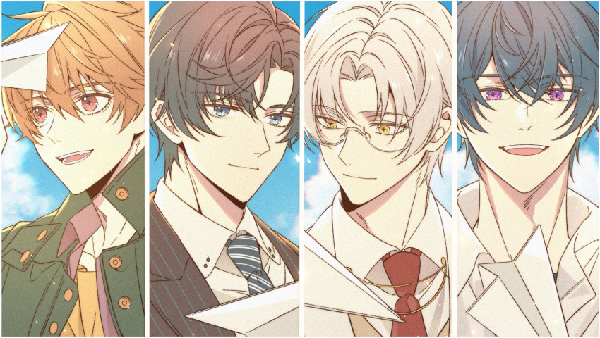 4boys :d artem_wing_(tears_of_themis) bangs black_jacket blue_eyes blue_sky brown_eyes brown_hair brown_vest closed_mouth clouds cloudy_sky coat collared_shirt formal glasses green_jacket highres jacket jiukuzi18797 looking_at_viewer luke_pearce_(tears_of_themis) male_focus marius_von_hagen_(tears_of_themis) multiple_boys necktie open_mouth purple_hair red_necktie shirt short_hair sky smile tears_of_themis upper_body vest vyn_richter_(tears_of_themis) white_coat white_hair white_jacket white_shirt yellow_eyes yellow_shirt