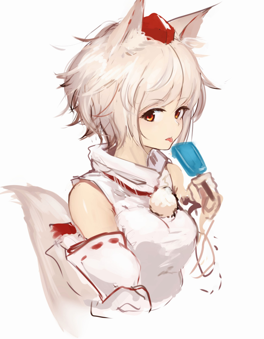 1girl animal_ears bangs breasts detached_sleeves food from_side hat highres homo_1121 inubashiri_momiji long_sleeves looking_at_viewer looking_to_the_side medium_breasts pom_pom_(clothes) popsicle red_eyes ribbon-trimmed_sleeves ribbon_trim shirt short_hair sleeveless sleeveless_shirt solo tail tokin_hat tongue tongue_out touhou upper_body white_hair white_shirt wide_sleeves wolf_ears wolf_tail