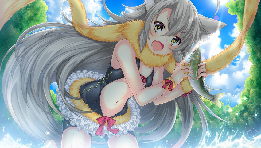 +_+ 1girl animal_ears black_eyes blue_sky breasts cat_ears clouds day fish frilled_skirt frills grey_hair highres long_hair looking_at_viewer midriff navel official_art open_mouth outdoors ruu_(x-overd) scarf skirt sky small_breasts solo standing tree water x-overd yellow_scarf
