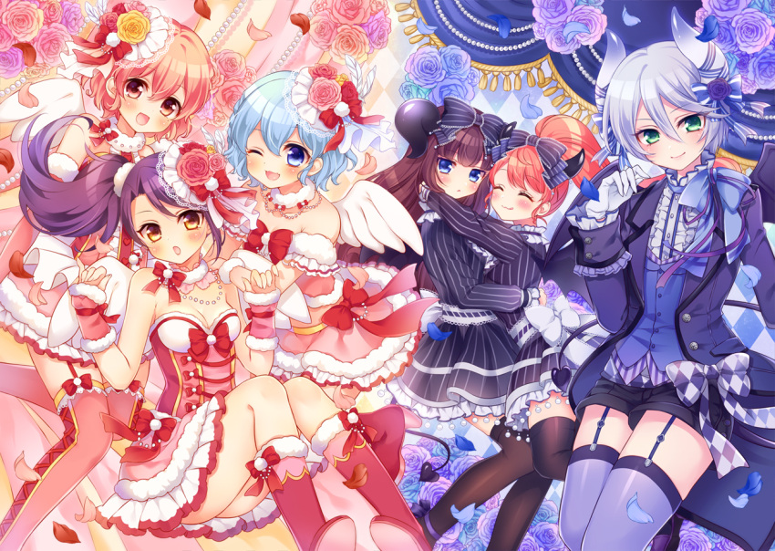 1boy 5girls :&lt; :3 :o :q ;3 ;d ^_^ argyle argyle_background argyle_legwear arm_warmers arms_around_neck arms_up bangs bare_arms bare_shoulders bat_wings bead_necklace beads black_dress black_jacket black_legwear black_ribbon black_shorts blue_eyes blue_hair blue_legwear blue_ribbon blue_rose blush boots bow braid breasts brother_and_sister brown_hair brown_shoes buttons center_frills cleavage closed_eyes closed_mouth collarbone commentary_request corset demon_horns demon_tail dorothy_west dress eyebrows_visible_through_hair fang feathers floating_hair flower french_braid frilled_dress frills fur-trimmed_boots fur_trim garter_straps gloves green_eyes hair_between_eyes hair_feathers hair_flower hair_ornament hair_ribbon hair_scrunchie hand_up hands_up high_heel_boots high_heels high_ponytail horn_ribbon horns hug jacket jewelry knee_boots kurosu_aroma leona_west loafers long_hair long_sleeves looking_at_viewer medium_breasts mitsuba_choco mole mole_under_eye multiple_girls necklace one_eye_closed open_clothes open_jacket open_mouth parted_bangs petals pink_boots pink_dress pink_eyes pink_hair pink_legwear pink_rose ponytail print_legwear pripara purple_hair purple_rose red_bow red_ribbon red_rose redhead ribbon rose rose_petals scrunchie shikyouin_hibiki shiny shiny_clothes shiny_hair shiratama_mikan shoes short_hair shorts siblings side_ponytail silver_hair smile standing strapless strapless_dress striped striped_dress striped_ribbon swept_bangs tail tassel thigh-highs tongue tongue_out toudou_shion trap twins white_feathers white_gloves white_ribbon white_wings wings wrist_scrunchie yellow_eyes yellow_rose |3