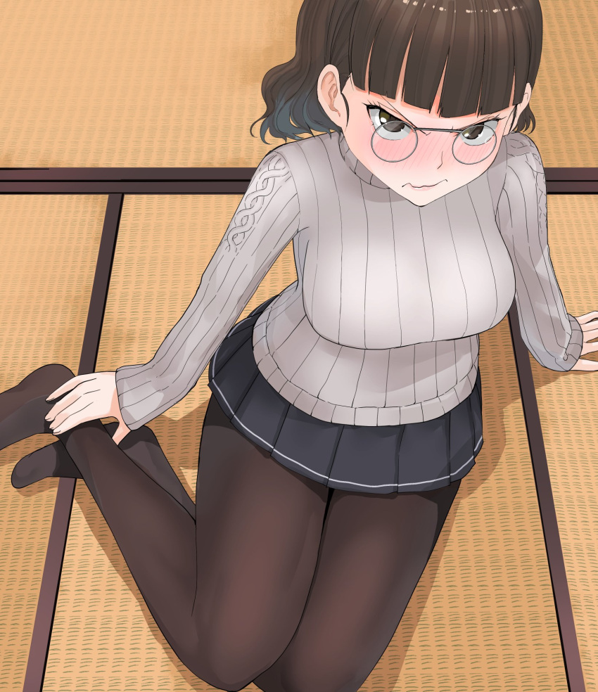 1girl arm_support bangs black_legwear blunt_bangs blush breasts brown_eyes brown_hair casual embarrassed from_above glasses grey_sweater highres indoors kantai_collection large_breasts lips long_sleeves looking_at_viewer masukuza_j miniskirt pantyhose pince-nez pleated_skirt ribbed_sweater roma_(kantai_collection) short_hair sitting skirt sweater tatami turtleneck turtleneck_sweater wavy_hair wavy_mouth