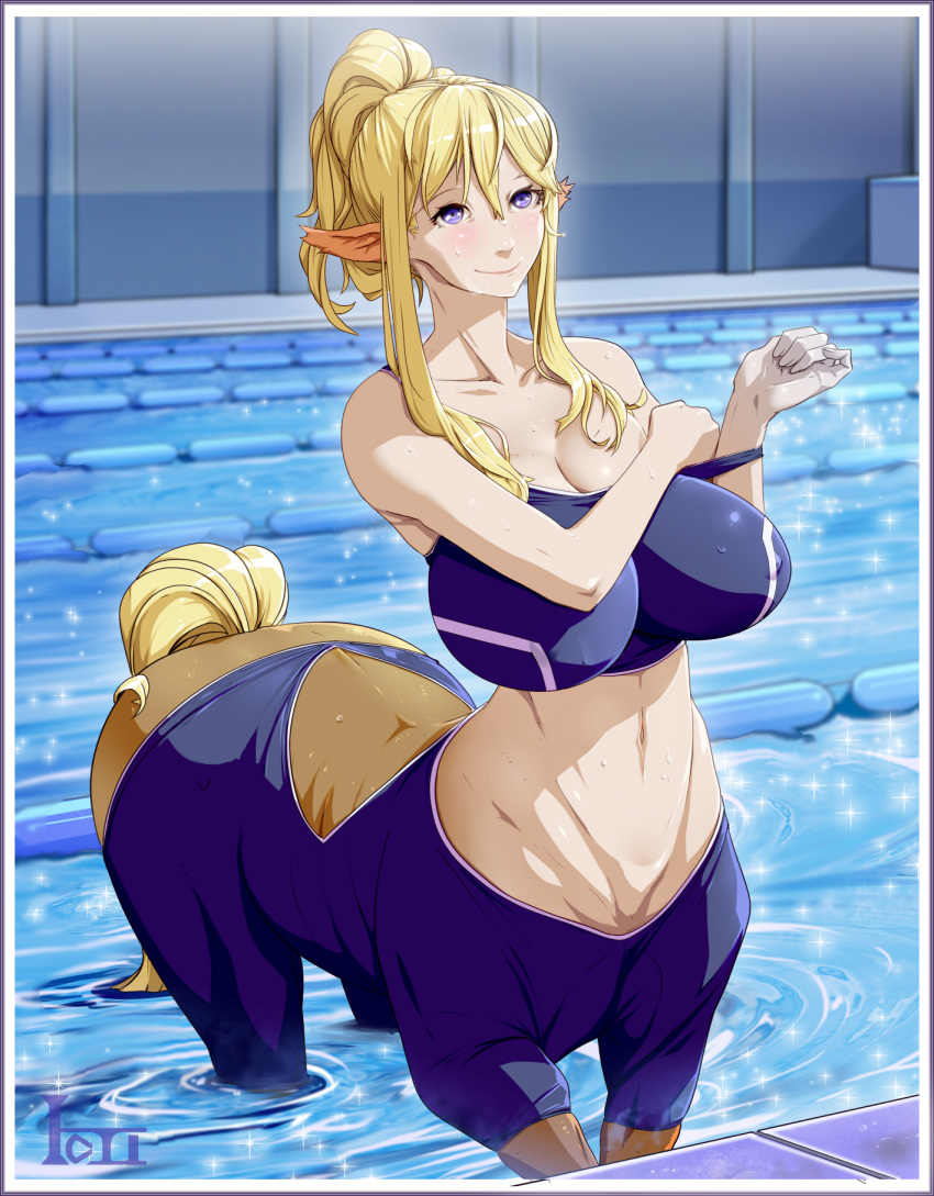 1girl animal_ears background bare_shoulders blonde_hair breasts centaur centorea_shianus downscaled highres horse_ears horse_tail huge_breasts indoors lane_line materclaws monster_girl monster_musume_no_iru_nichijou navel ponytail pool resized revision short_hair smile solo sports_bikini swimsuit tail undressing violet_eyes water