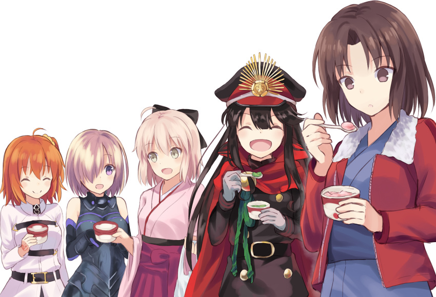 5girls :d ^_^ bangs bare_shoulders blush bow breasts cape closed_eyes company_connection demon_archer elbow_gloves fate/grand_order fate_(series) food fujimaru_ritsuka_(female) gloves hair_between_eyes hair_bow hair_over_one_eye hakama hat highres ice_cream jacket japanese_clothes kara_no_kyoukai kimono long_sleeves medium_breasts military military_hat military_uniform multiple_girls nonono nononon open_clothes open_jacket open_mouth parted_bangs parted_lips peaked_cap ryougi_shiki sakura_saber shielder_(fate/grand_order) short_hair side_ponytail sidelocks smile uniform upper_body
