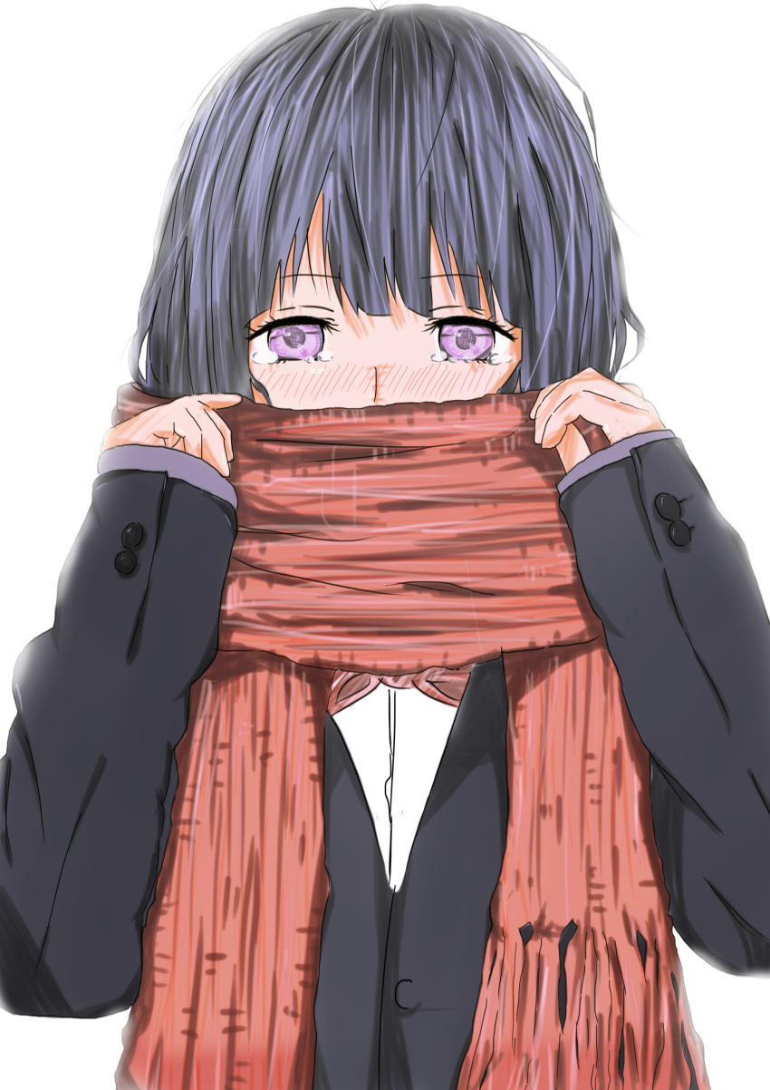 1girl absurdres blush borrowed_character bow covering_mouth highres kuzu_no_honkai scarf school_uniform short_hair solo tears yasuraoka_hanabi