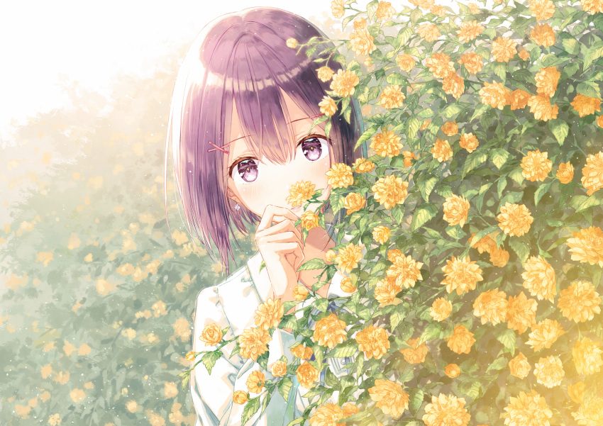 1girl earrings hair_ornament highres hiten_goane_ryu jewelry long_sleeves looking_at_viewer original purple_hair shirt short_hair solo violet_eyes white_shirt x_hair_ornament yellow_flower