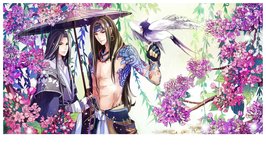 2boys abs bird bird_on_hand brown_eyes brown_hair cowboy_shot earrings flower gai_hua headband heijingying highres jewelry jian_san_tongren long_hair male_focus multiple_boys outdoors parasol tattoo umbrella very_long_hair wide_sleeves