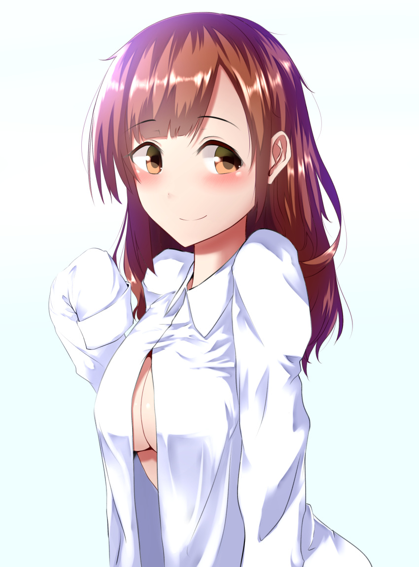 1girl absurdres alternate_hairstyle blush breasts brown_eyes brown_hair closed_mouth eyebrows_visible_through_hair gradient gradient_background hair_down highres idolmaster idolmaster_cinderella_girls igarashi_kyouko long_hair long_sleeves looking_at_viewer medium_breasts naked_shirt open_clothes open_shirt shirt sideboob simple_background sleeves_past_wrists smile solo upper_body white_shirt yigra_don