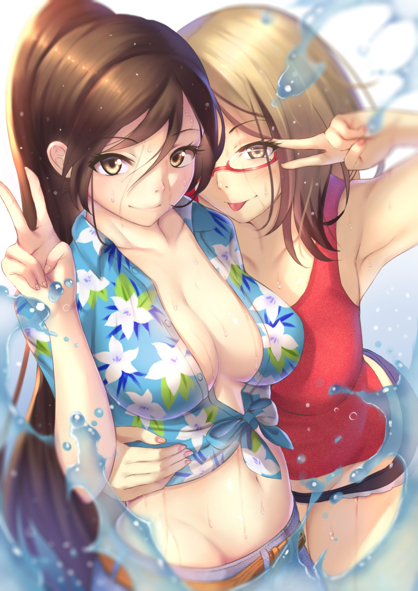 2girls :) :p absurdres arm arm_up armpits bare_arms bare_shoulders belt blush breasts brown_eyes brown_hair cleavage collarbone depth_of_field female floral_print genjung glasses groin hair_between_eyes hand_on_another's_waist hawaiian_shirt highres hug large_breasts leaning_forward light_brown_hair looking_at_viewer midriff mole mole_under_eye multiple_girls navel original red-framed_eyewear red-framed_glasses red_tank_top semi-rimless_glasses shirt short_shorts shorts smile stomach summer_clothes tank_top tied_shirt tongue tongue_out under-rim_glasses upper_body v water wet yuri