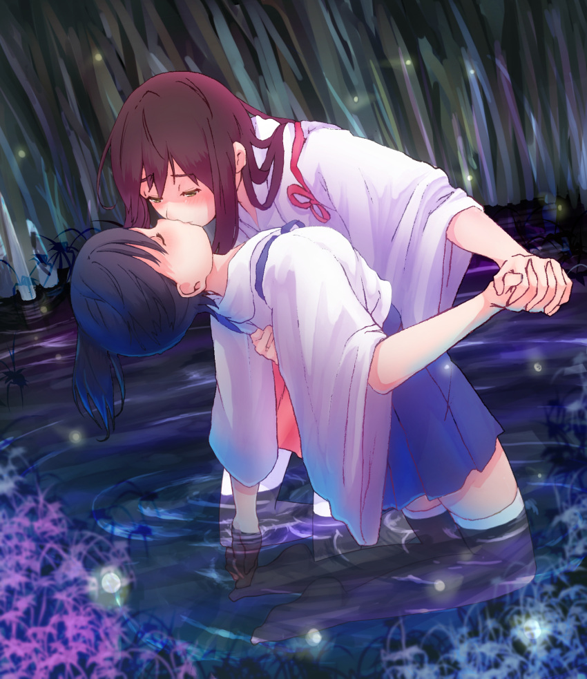 2girls akagi_(kantai_collection) arched_back black_hair blush brown_hair closed_eyes commentary_request dendenbocchi hand_holding highres interlocked_fingers kaga_(kantai_collection) kantai_collection kiss kneeling leaning_back leaning_forward long_hair multiple_girls no_shoes partially_submerged skirt thigh-highs water white_legwear wide_sleeves yellow_eyes yuri
