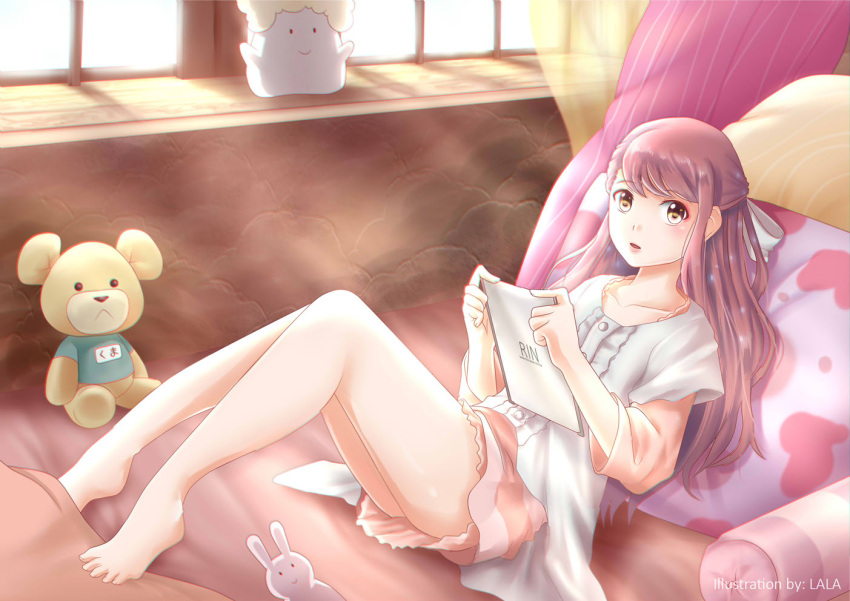 1girl barefoot blush collarbone legs long_hair looking_at_viewer pillow pink_hair redlynx rin_(shelter) shelter_(music_video) solo stuffed_animal stuffed_toy tablet teddy_bear thighs toes window