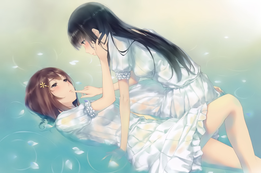 2girls absurdres black_hair blush brown_hair eye_contact finger_to_another's_mouth flowers_(innocent_grey) from_side green_eyes highres kousaka_mayuri lips long_hair looking_at_another lying medium_hair multiple_girls partially_submerged pleated_skirt profile shirahane_suou sitting skirt submerged sugina_miki water wet wet_clothes yuri
