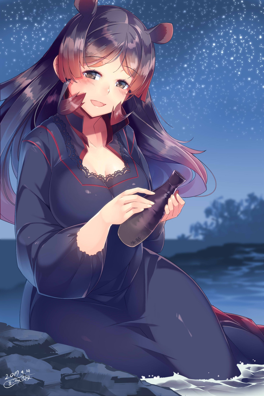 1girl absurdres animal_ears black_dress black_eyes black_hair blurry bottle breasts depth_of_field dress gradient_dress highres hippopotamus_(kemono_friends) hippopotamus_ears kemono_friends kokka_han large_breasts long_hair looking_at_viewer multicolored_hair night night_sky on_water open_mouth red_dress redhead sake_bottle sitting sky star_(sky) starry_sky two-tone_hair yokozuwari