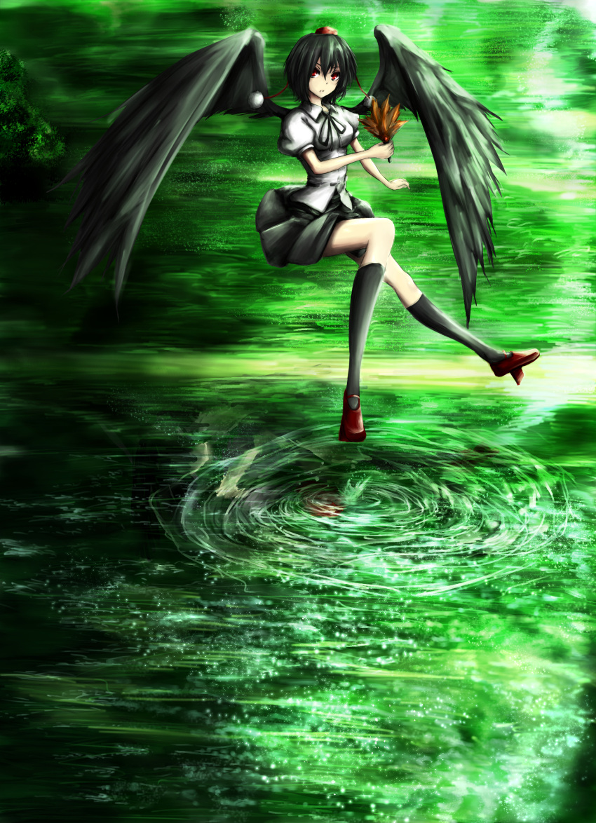 1girl absurdres amagi_(amagi626) bangs black_hair black_legwear black_skirt black_wings bush droplet expressionless fan feathered_wings floating geta hair_between_eyes hat highres holding holding_fan kneehighs long_legs looking_at_viewer nature parted_lips puffy_short_sleeves puffy_sleeves red_eyes reflection ribbon ripples shameimaru_aya shirt short_sleeves skinny skirt skirt_lift solo tengu-geta tokin_hat touhou water white_shirt wings