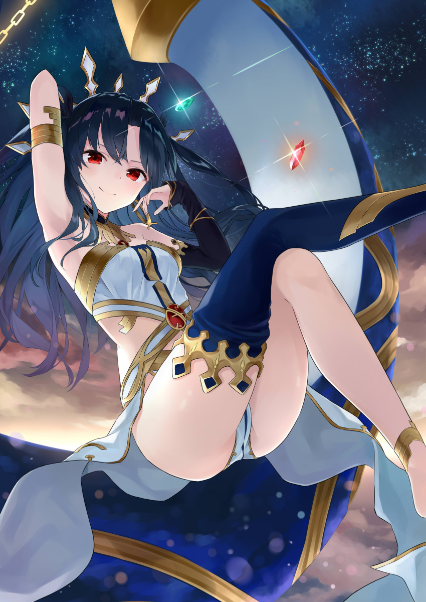 1girl absurdres arm_up armlet armpits azuuru_(azure0608) black_hair crown earrings fate/grand_order fate_(series) highres hoop_earrings ishtar_(fate/grand_order) jewelry long_hair looking_at_viewer red_eyes single_thighhigh sky smile solo star_(sky) starry_sky thigh-highs tohsaka_rin