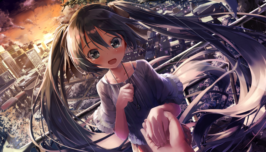 1girl blush bra_strap city daidou_(demitasse) dutch_angle floating_hair green_eyes green_hair hand_holding hatsune_miku highres jewelry long_hair necklace open_mouth out_of_frame pov railing revision solo_focus sunset twintails very_long_hair vocaloid