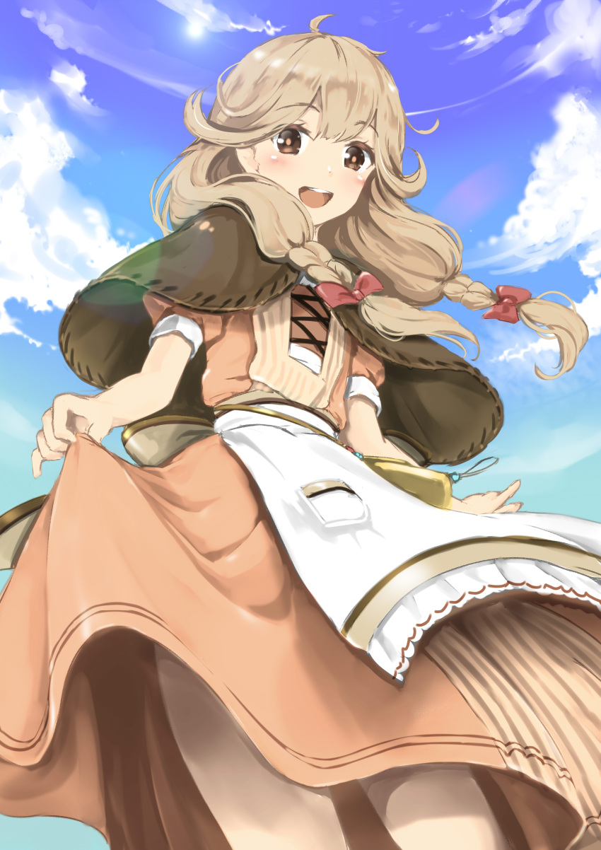 1girl absurdres apron blonde_hair blush bow braid capelet clouds day dress faye_(fire_emblem) fire_emblem fire_emblem_echoes:_mou_hitori_no_eiyuuou highres long_hair open_mouth sky solo tayashitsu teeth twin_braids upper_body
