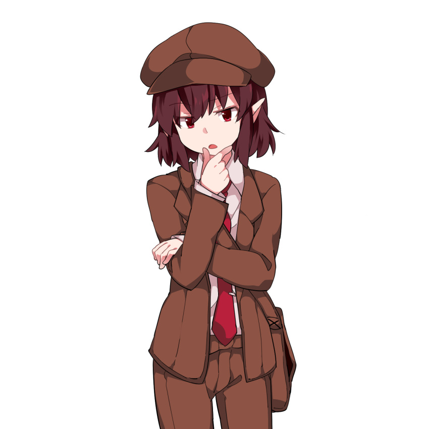 1girl :o bag blazer brown_blazer brown_hair brown_hat brown_shorts cabbie_hat cocked_eyebrow collared_shirt crossed_arms flat_chest forbidden_scrollery hammer_(sunset_beach) hat head_tilt highres jacket jitome looking_at_viewer necktie no_wings pointy_ears red_eyes shameimaru_aya shirt short_hair shorts shoulder_bag solo thinking tie_clip touhou