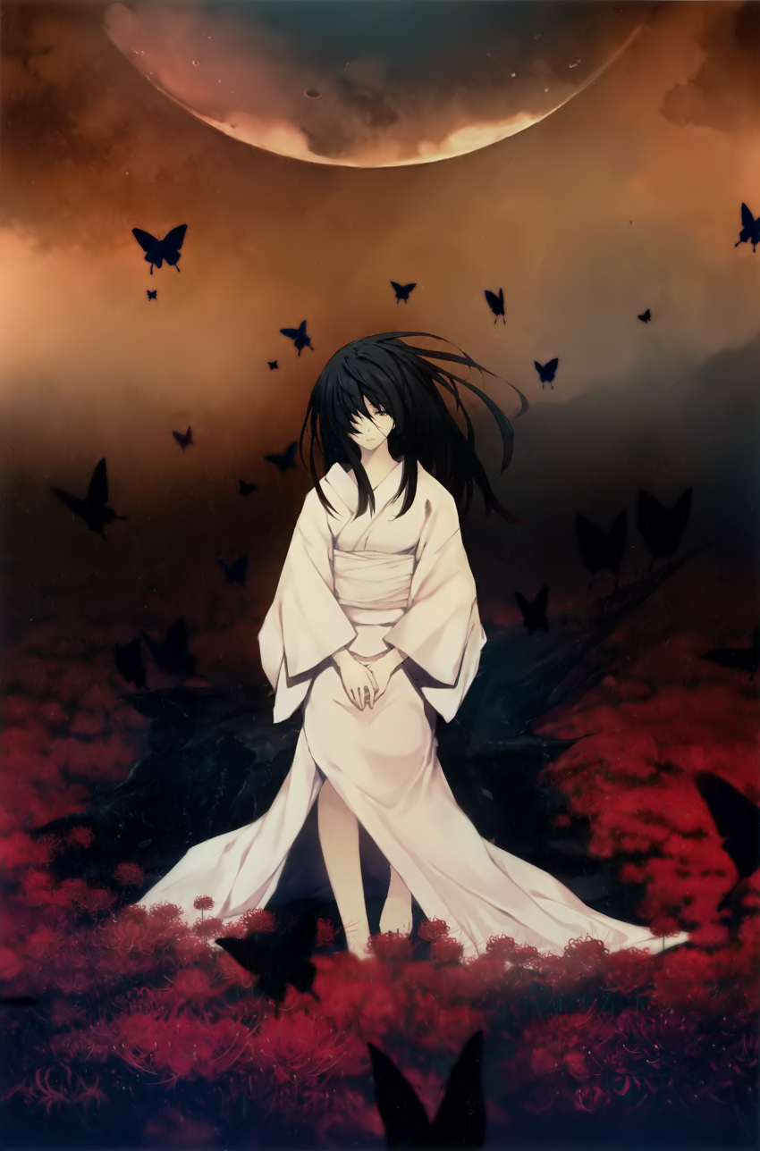 1girl absurdres apocalypse black_hair butterfly c cartagra flower grey_eyes hair_over_one_eye highres japanese_clothes kimono kouzuki_yura log moon solo spider_lily sugina_miki white_kimono yukata