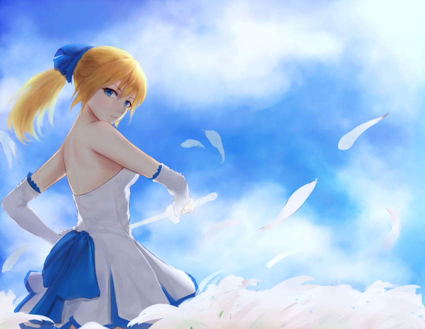 absurdres bare_back blue_eyes blue_ribbon blue_sky clouds dress elbow_gloves fate/stay_night fate_(series) field flower flower_field gloves hair_between_eyes hair_ribbon highres looking_at_viewer petals ponytail ribbon saber shoulder_blades sky strapless strapless_dress weapon