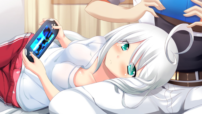 1boy 1girl ahoge aqua_eyes belt blush frown handheld_game_console head_out_of_frame hetero highres indoors lap_pillow long_hair looking_at_viewer lying neet on_side pants pillow pink_underwear playing_games polka_dot protagonist_(x-overd) shirt solo_focus sweatpants t-shirt tinyl white_hair white_pants white_shirt x-overd yukeshi