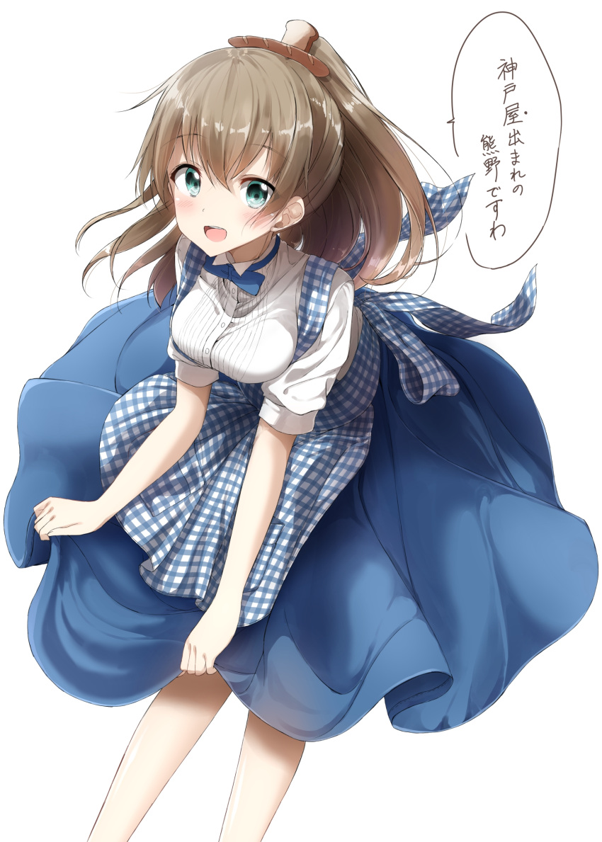 1girl absurdres alternate_costume apron blue_eyes blush bow bowtie bread breast_squeeze breasts brown_hair food highres kantai_collection kobeya koubeya_uniform kumano_(kantai_collection) long_hair looking_at_viewer melon_bread open_mouth pentagon_(railgun_ky1206) plaid plaid_apron ponytail ribbon short_sleeves simple_background skirt smile solo speech_bubble translation_request waitress white_background