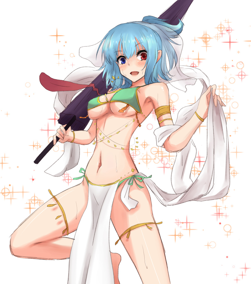 1girl absurdres alternate_costume alternate_hairstyle amagi_(amagi626) arabian_clothes armlet bangs barefoot blue_eyes blue_hair blush bracelet breasts cowboy_shot dancer green_panties hagoromo hair_between_eyes heterochromia highres hips holding holding_umbrella jewelry karakasa_obake knee_up looking_at_viewer medium_breasts navel necklace open_mouth panties pelvic_curtain red_eyes revealing_clothes shawl short_hair short_ponytail simple_background skirt solo sparkle string_panties sweatdrop tatara_kogasa thighs thong tongue touhou umbrella under_boob underwear waist white_background white_skirt