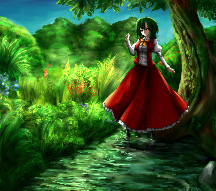 1girl amagi_(amagi626) backlighting bangs black_boots boots breasts collared_shirt colored_eyelashes day flower flower_request frilled_skirt frills grass green_hair hair_between_eyes hand_up head_tilt highres kazami_yuuka knee_boots long_shirt long_skirt long_sleeves looking_at_viewer moss open_clothes open_vest plant red_eyes red_skirt red_vest ribbon scenery shirt skirt skirt_set smile solo stream sunlight touhou tree vest vines wading water white_shirt