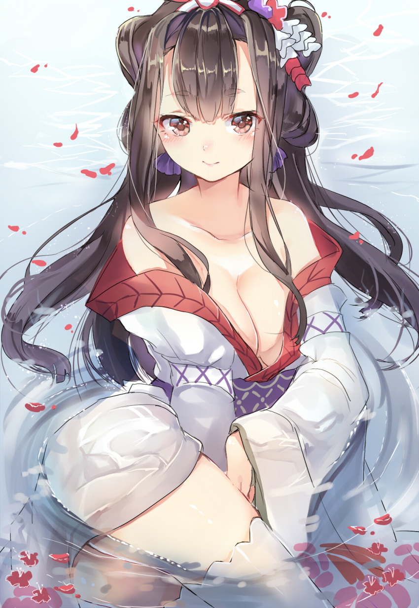 1girl bangs bare_shoulders blush breasts brown_eyes brown_hair cherry_blossoms cleavage floral_print hair_ornament highres huaniao_juan japanese_clothes long_hair looking_at_viewer medium_breasts onmyoji partially_submerged sash smile solo takitou wide_sleeves